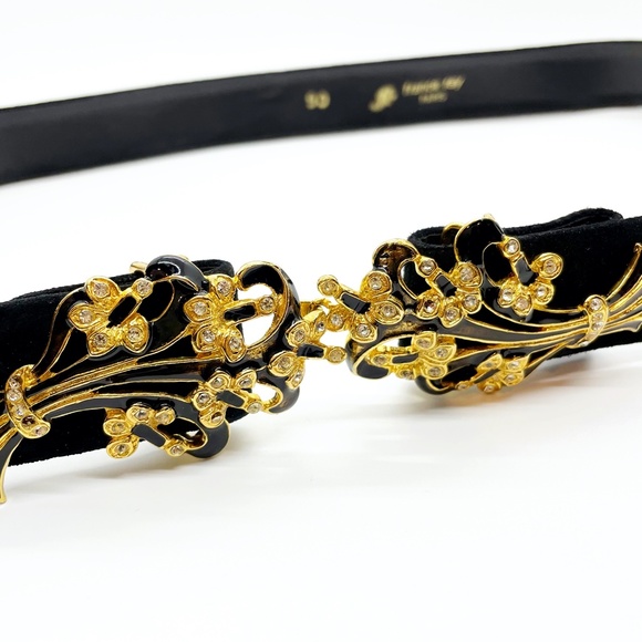 Vintage France Ray Paris Suede Belt with Enamel and Crystal Floral Design - Picture 2 of 4